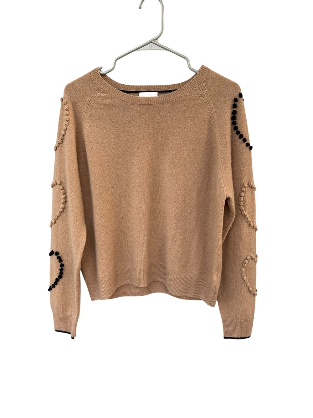 Brodie Cashmere Tan Sweater with Beaded Hearts Sleeve Detail - Size Medium